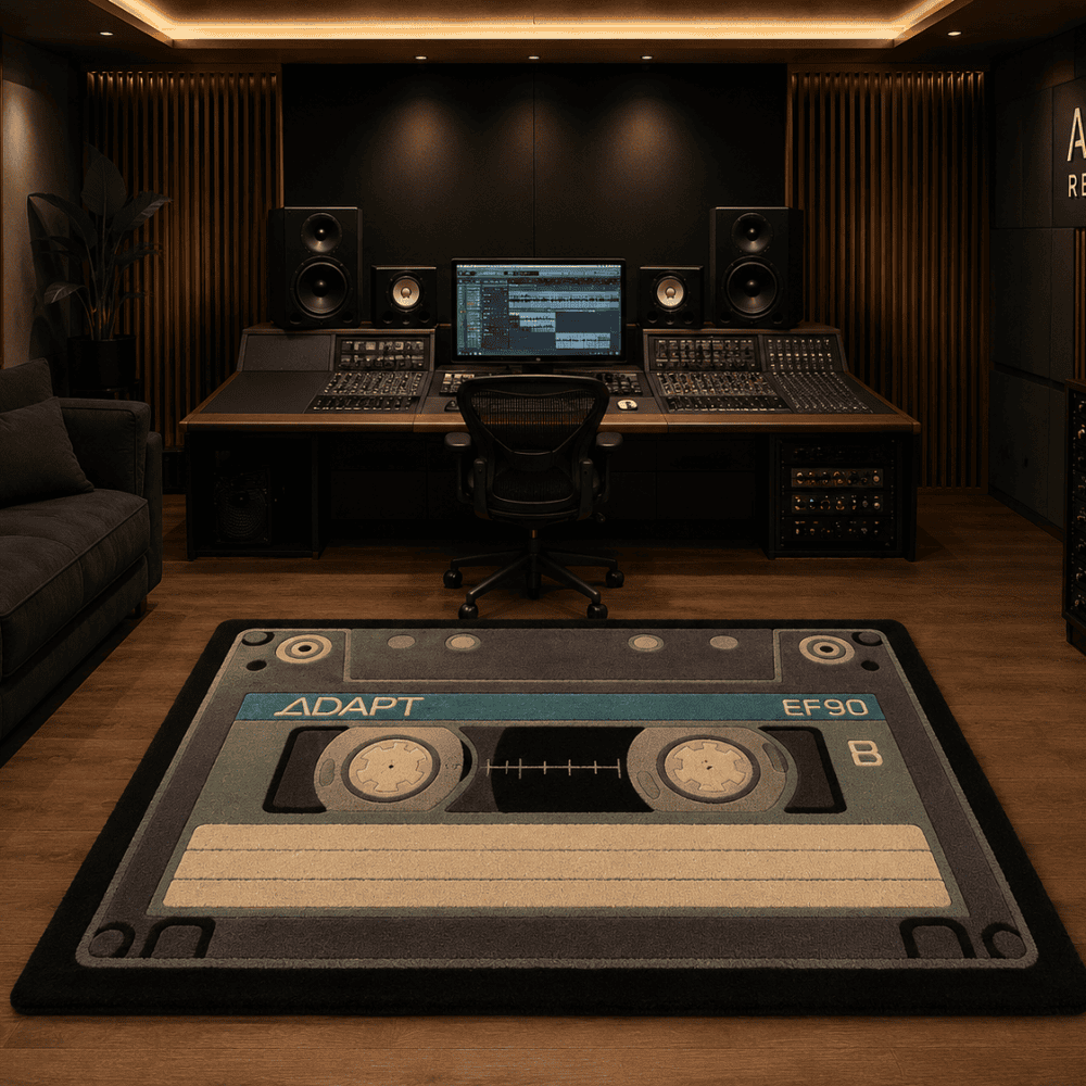 Music studio with mixing console and cassette tape rug in a professional setting.