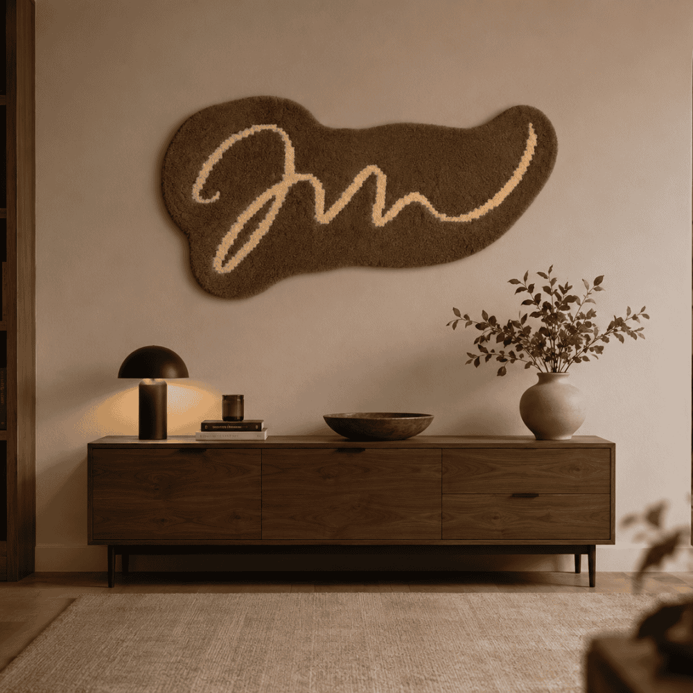 Custom logo rug with a signature design on a wall above a wooden sideboard.