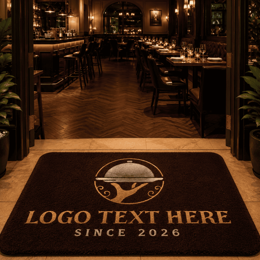 Custom logo rug with placeholder text in an elegant restaurant setting.