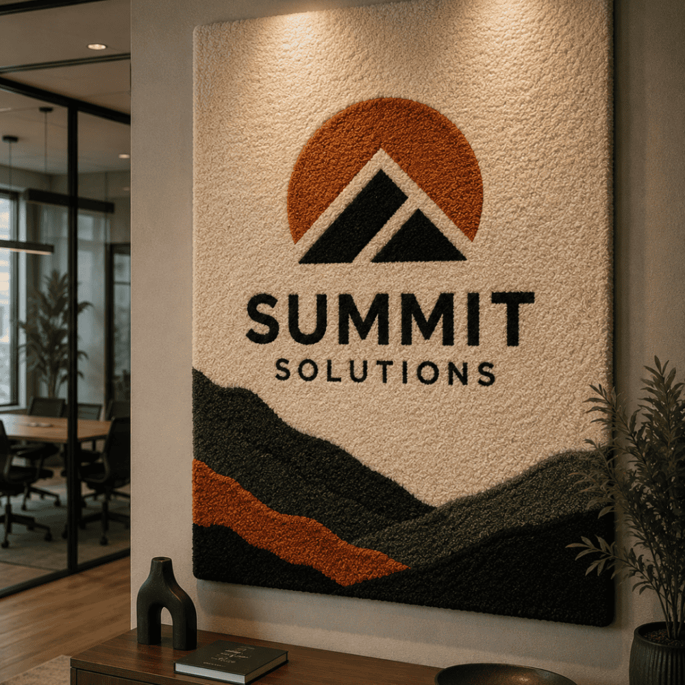 Custom logo rug with mountain and sunset design for Summit Solutions.