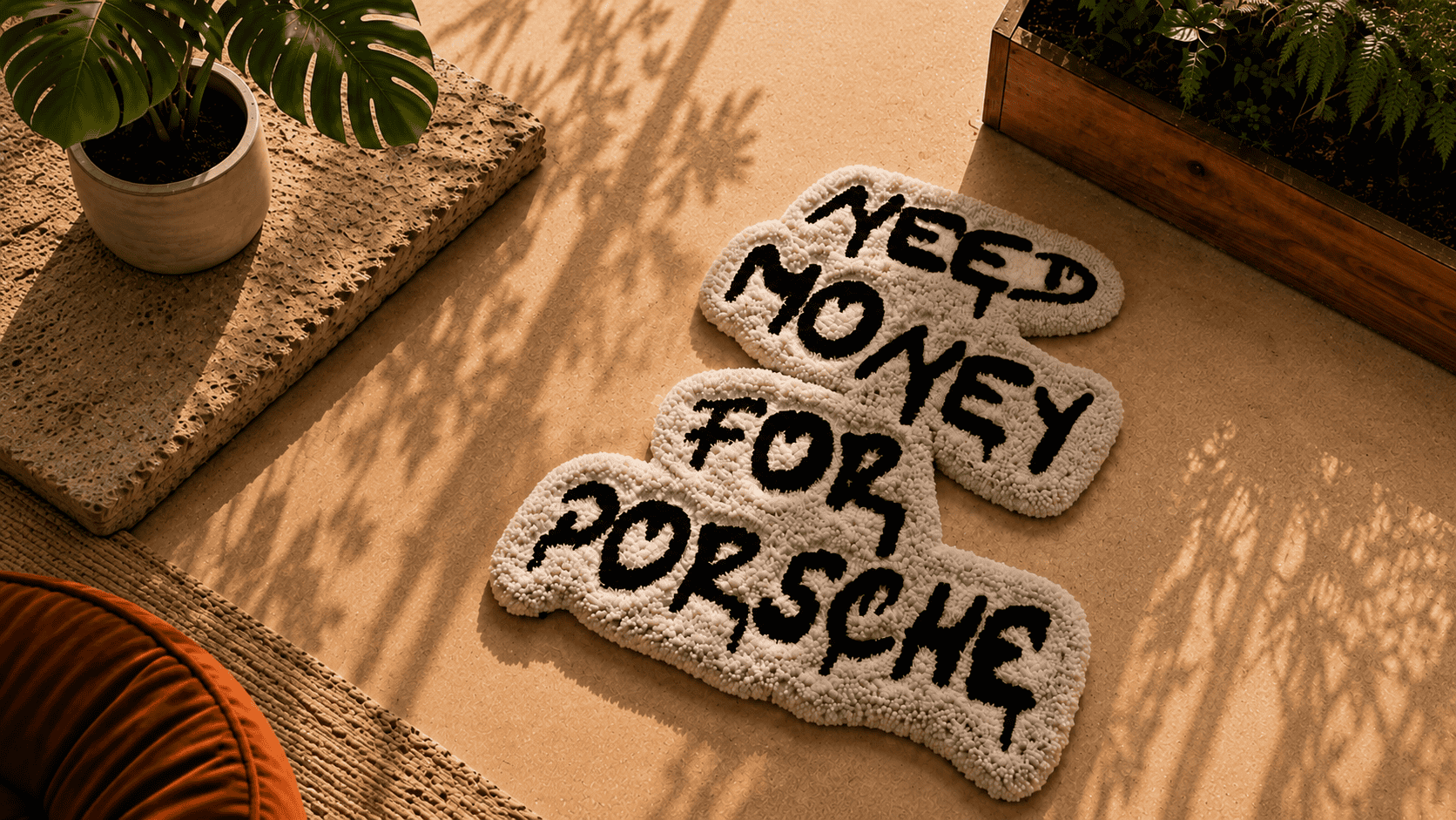 Decorative stones with the phrase 'Need Money for Porsche' on a wooden surface.