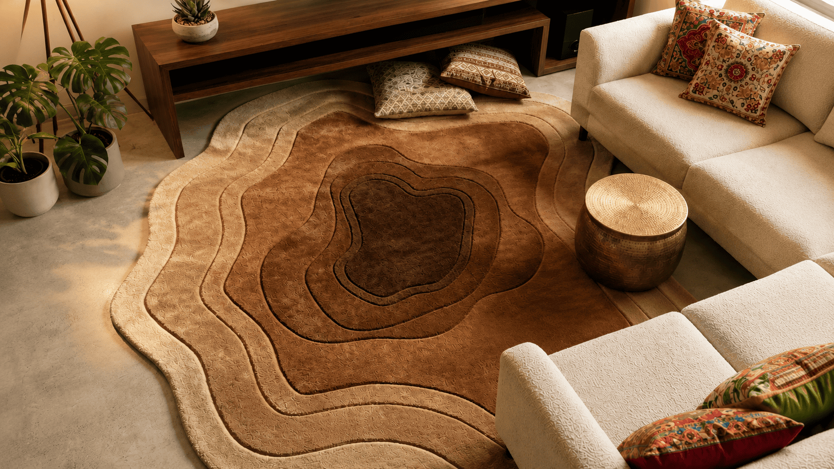 Elegant living room with a stylish brown area rug and modern furniture.