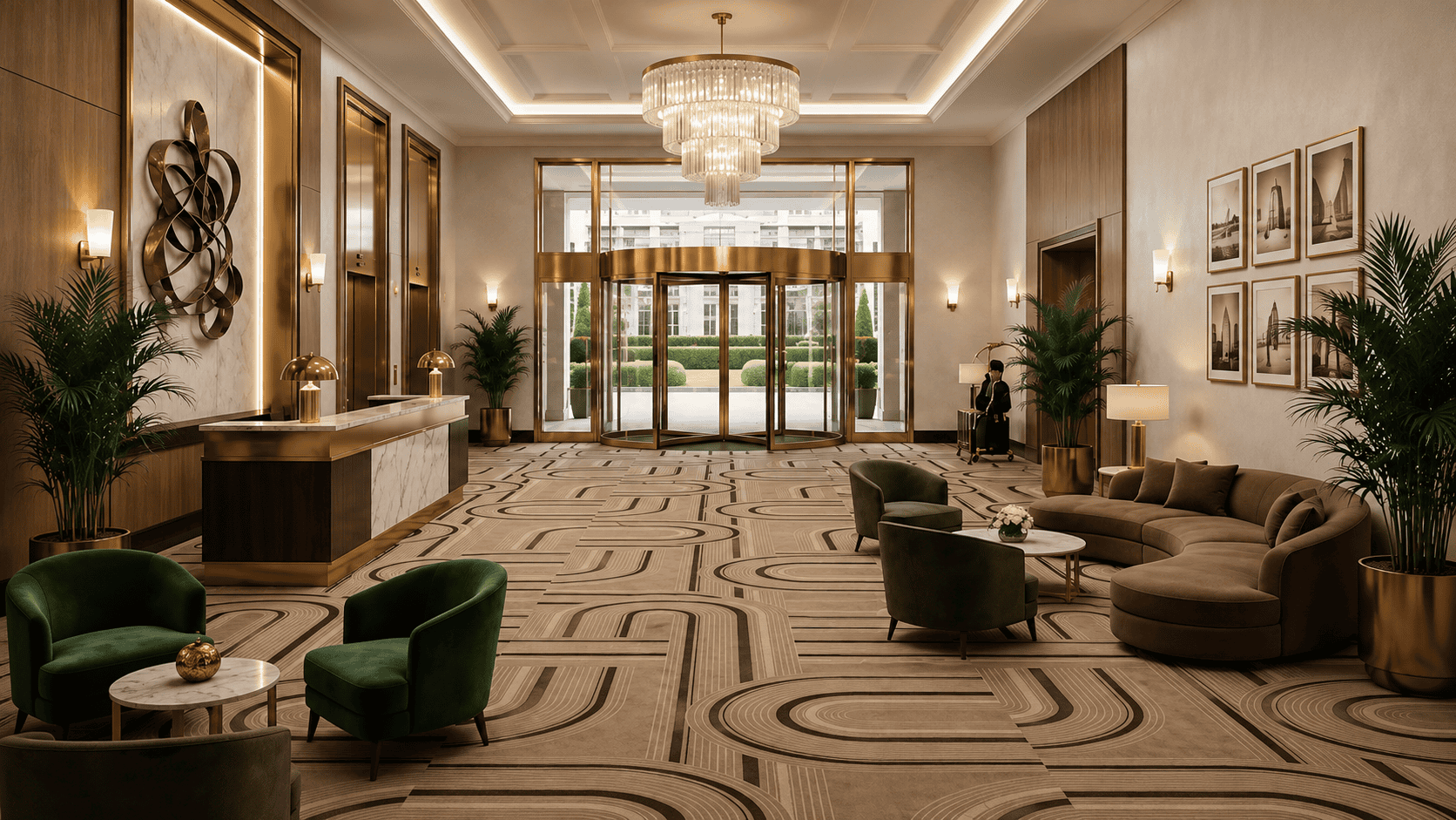Elegant hotel lobby with modern decor, chandelier, and comfortable seating areas.