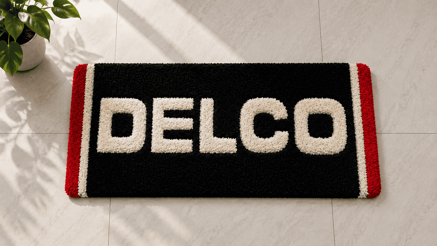 Delco logo on a black and red rug, modern home decor.
